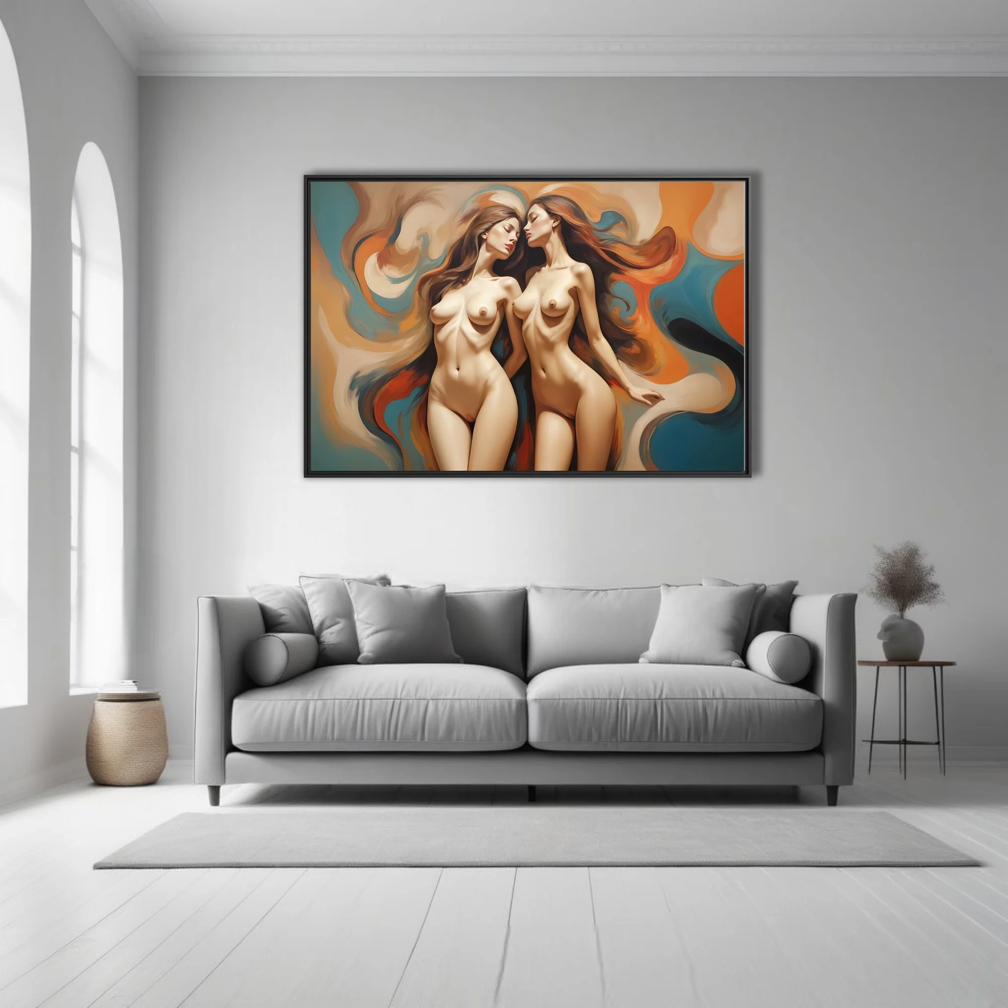 Painterly nude figure study, warm amber teal abstract swirls, dreamy classical style