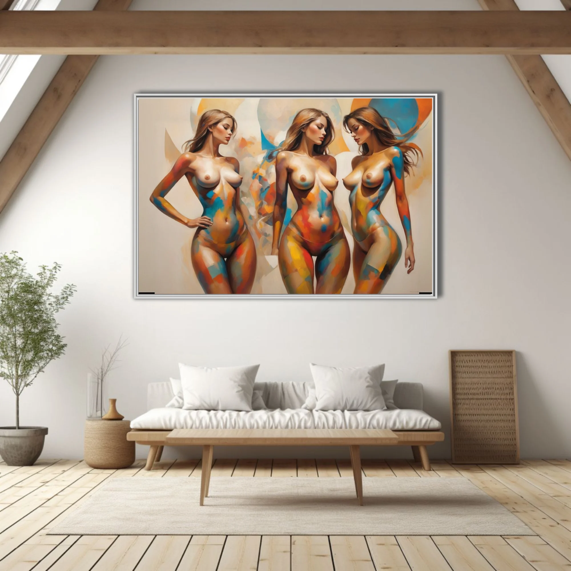 Contemporary nude figure study in vibrant blue, orange and yellow painterly color-block strokes