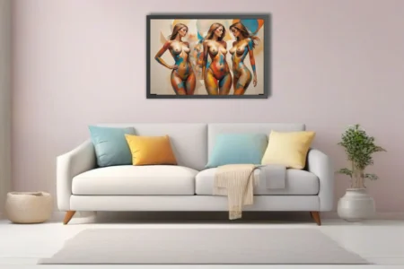 Contemporary nude figure study in vibrant blue, orange and yellow painterly color-block strokes
