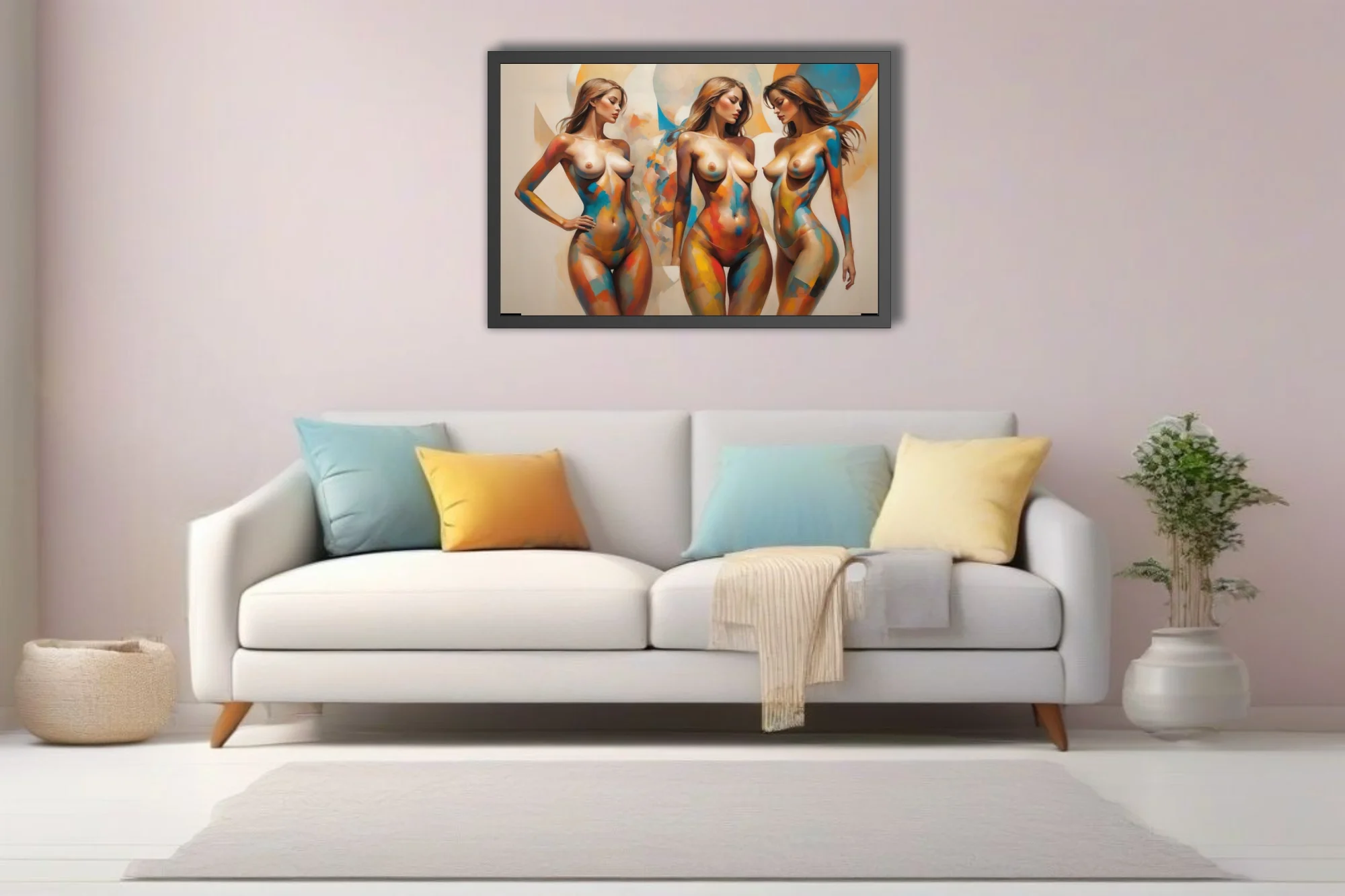 Contemporary nude figure study in vibrant blue, orange and yellow painterly color-block strokes