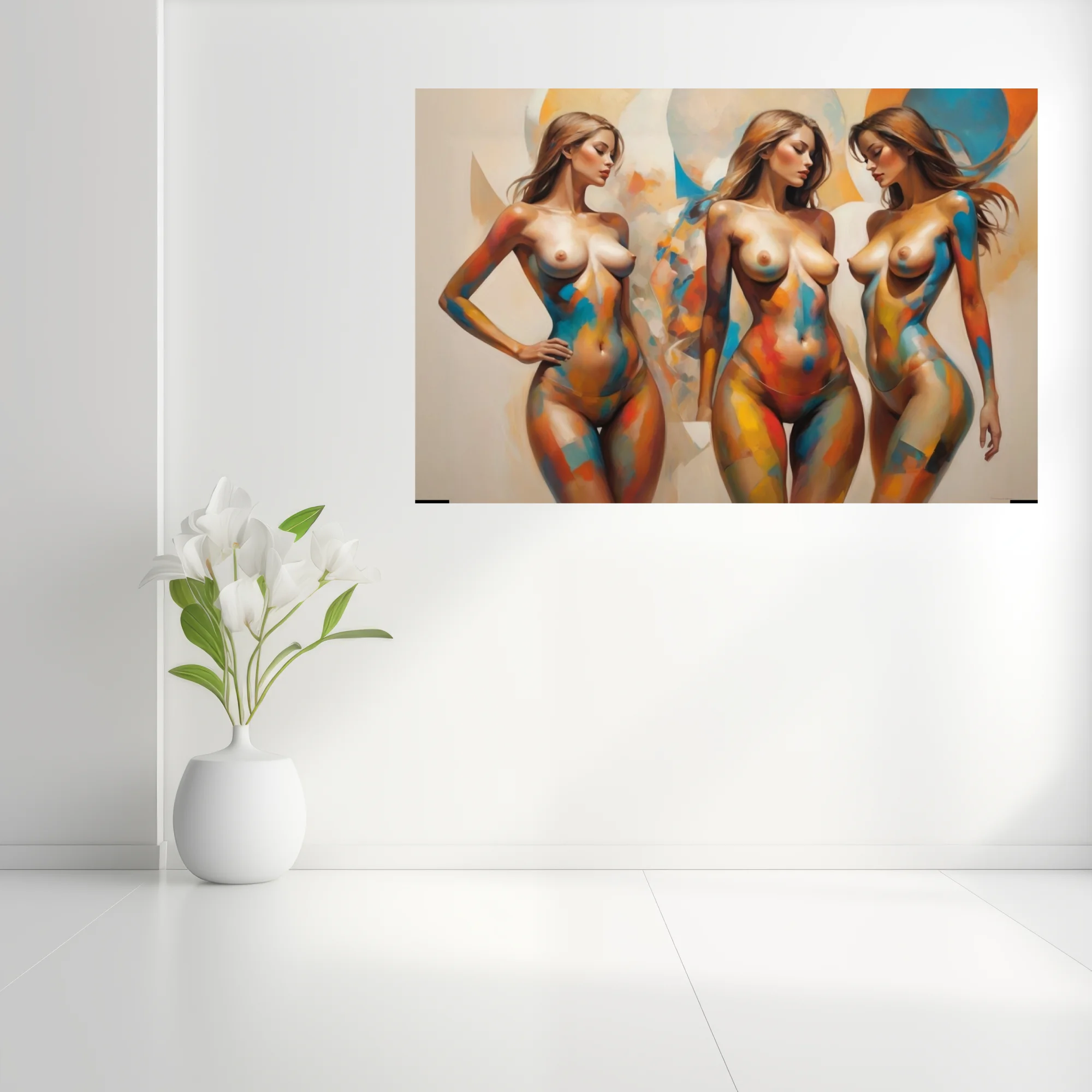 Contemporary nude figure study in vibrant blue, orange and yellow painterly color-block strokes