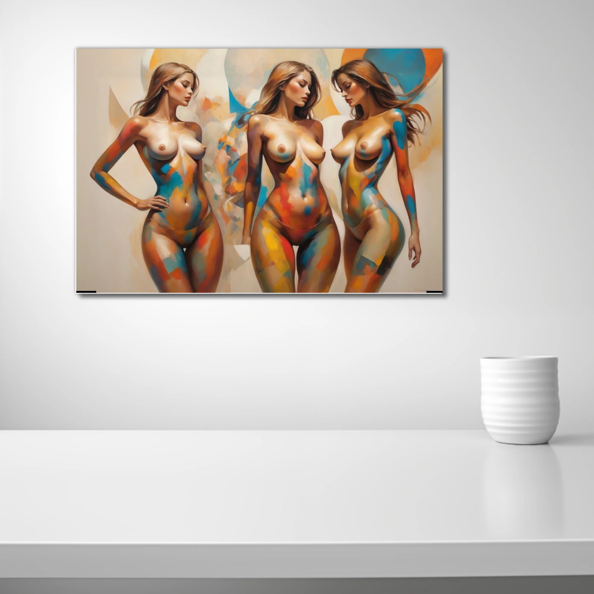 Contemporary nude figure study in vibrant blue, orange and yellow painterly color-block strokes