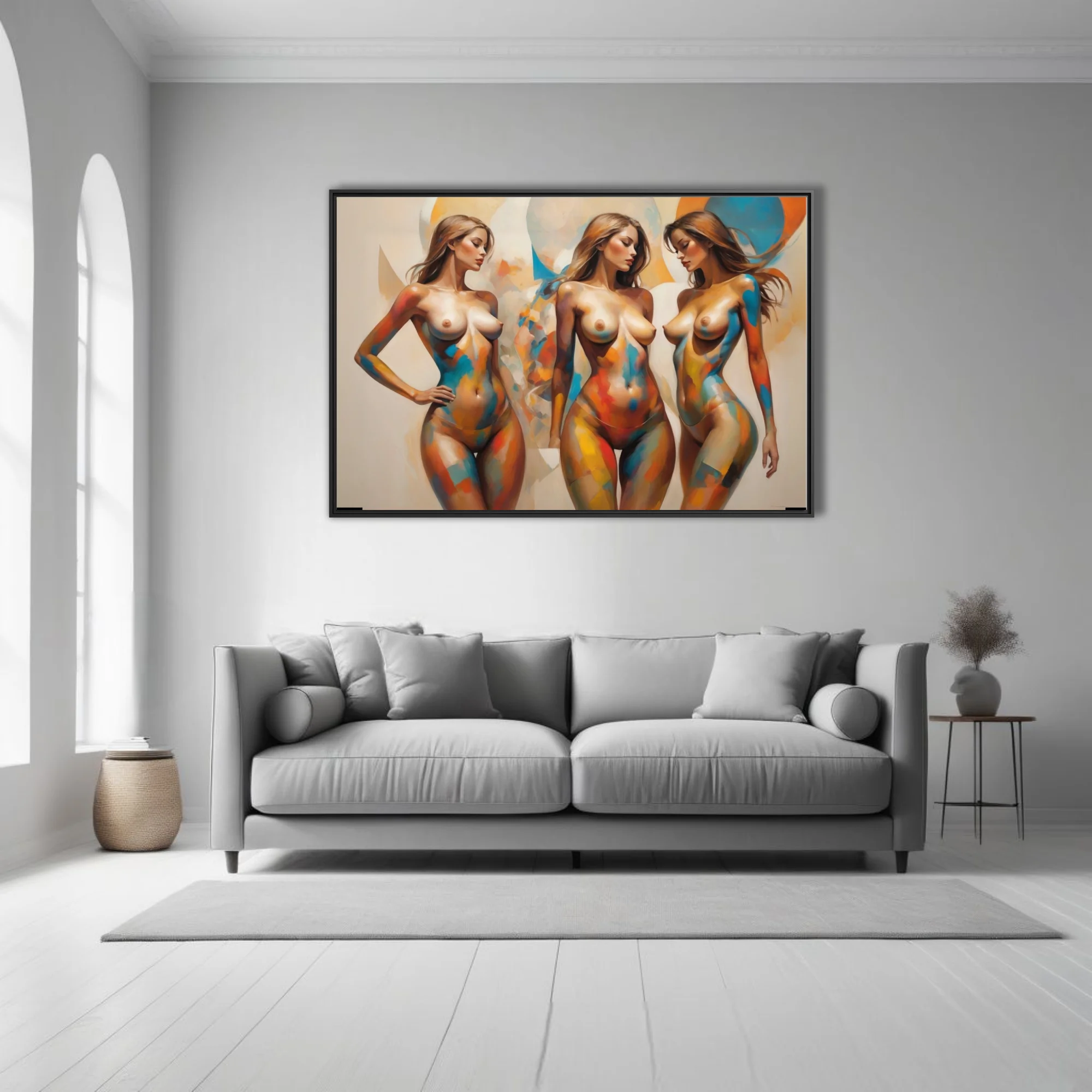 Contemporary nude figure study in vibrant blue, orange and yellow painterly color-block strokes
