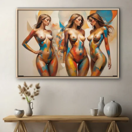 Contemporary nude figure study in vibrant blue, orange and yellow painterly color-block strokes