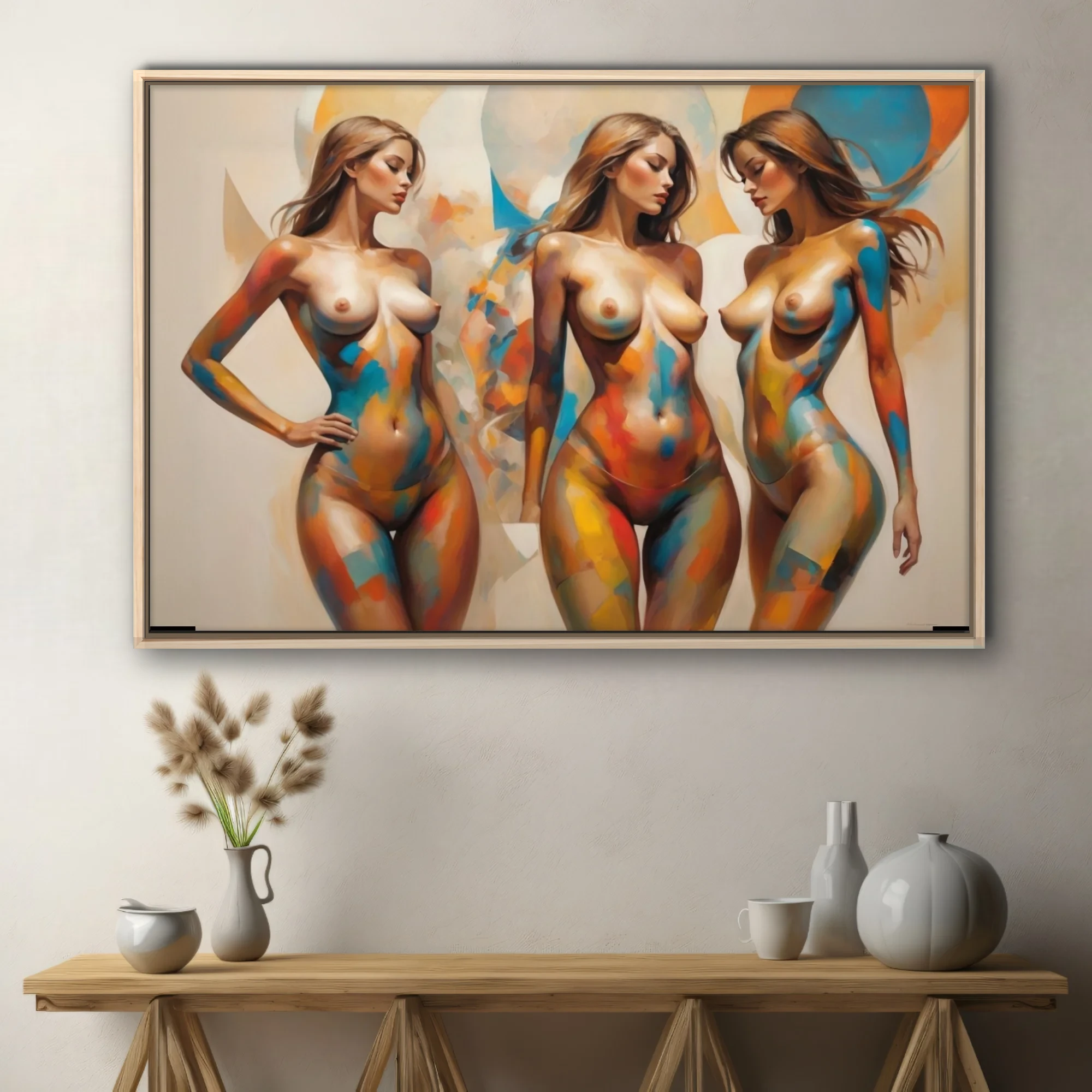 Contemporary nude figure study in vibrant blue, orange and yellow painterly color-block strokes