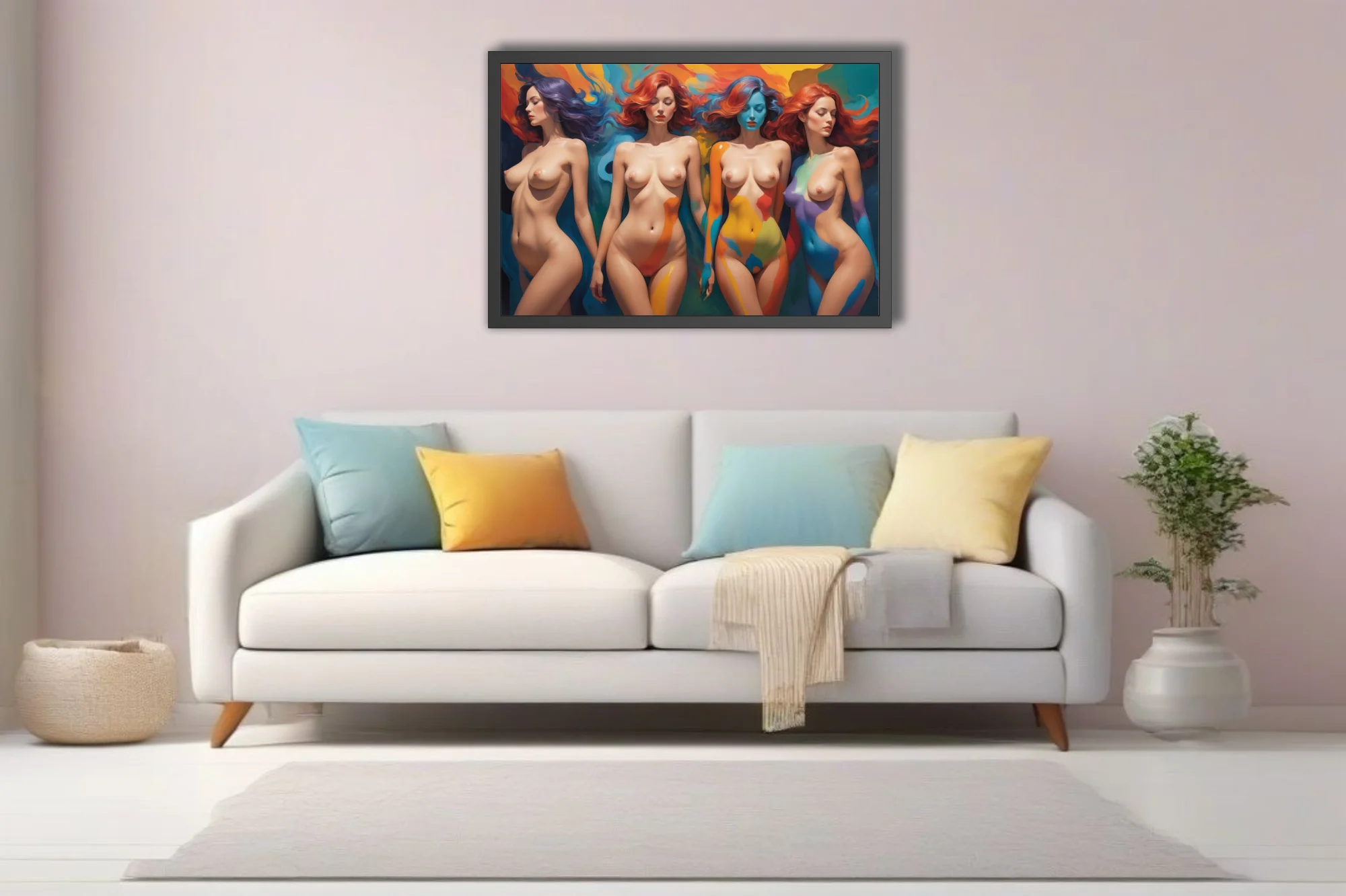 Dreamlike nude figure study with bold jewel-toned color-blocked bodies and swirling painterly auras