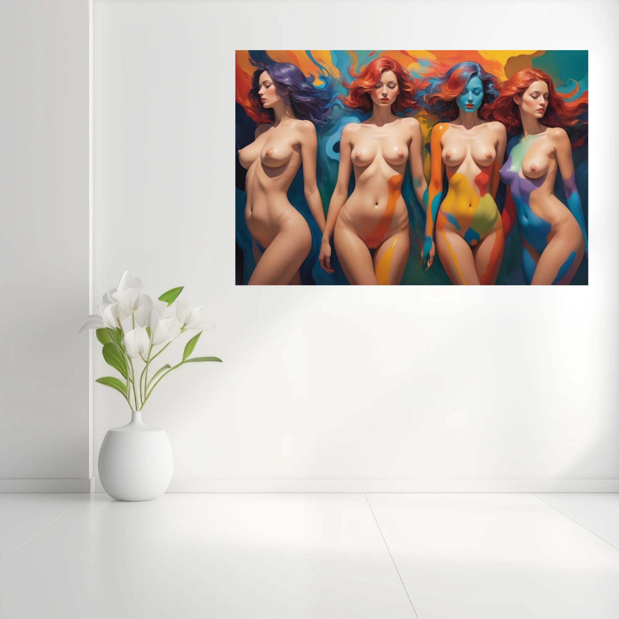 Dreamlike nude figure study with bold jewel-toned color-blocked bodies and swirling painterly auras