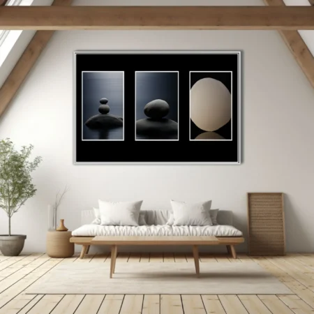 Minimalist zen stone balance triptych, dark tones, meditative calm