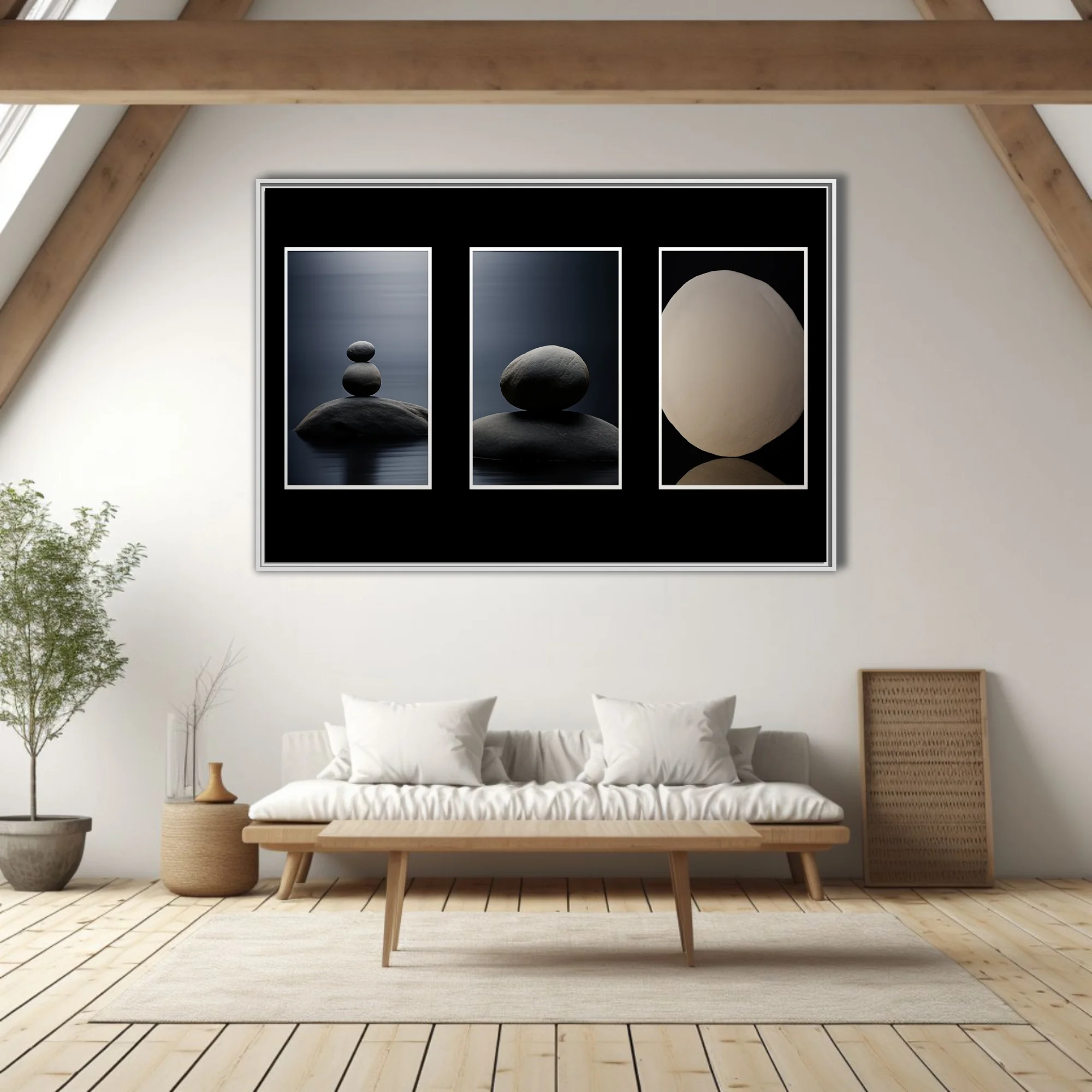 Minimalist zen stone balance triptych, dark tones, meditative calm
