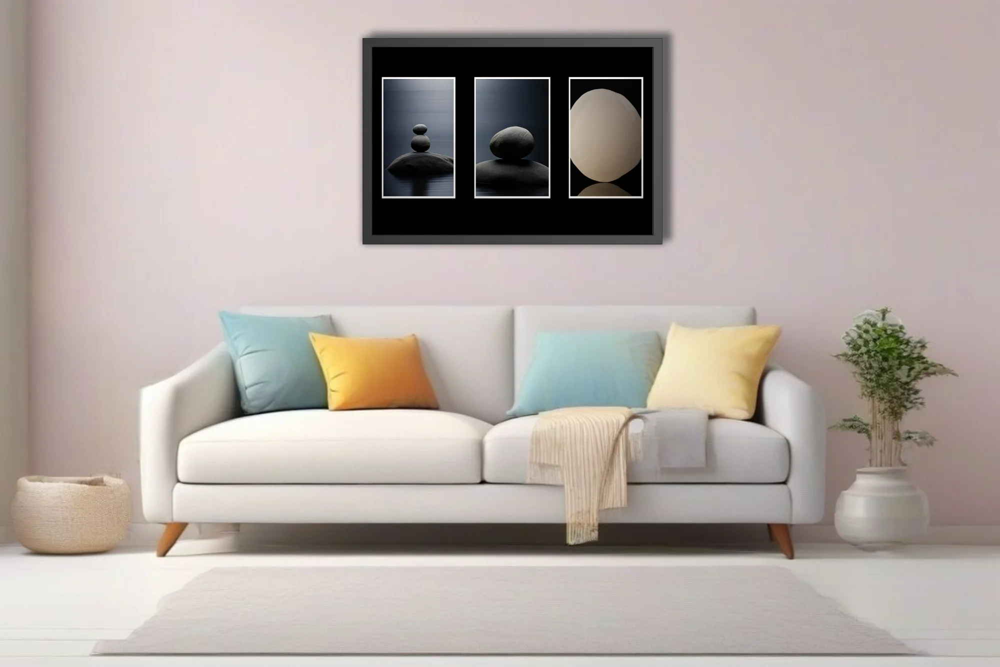 Minimalist zen stone balance triptych, dark tones, meditative calm