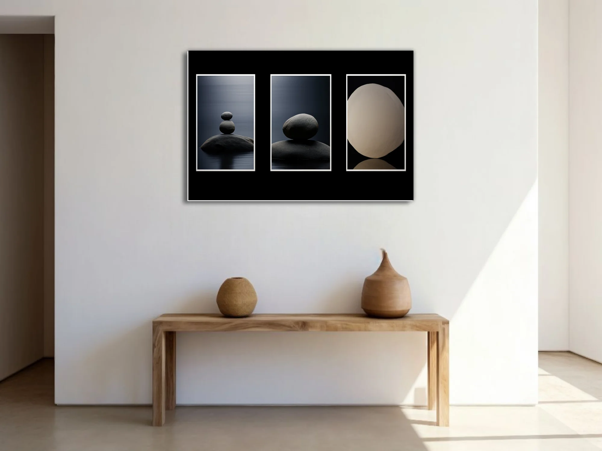 Minimalist zen stone balance triptych, dark tones, meditative calm