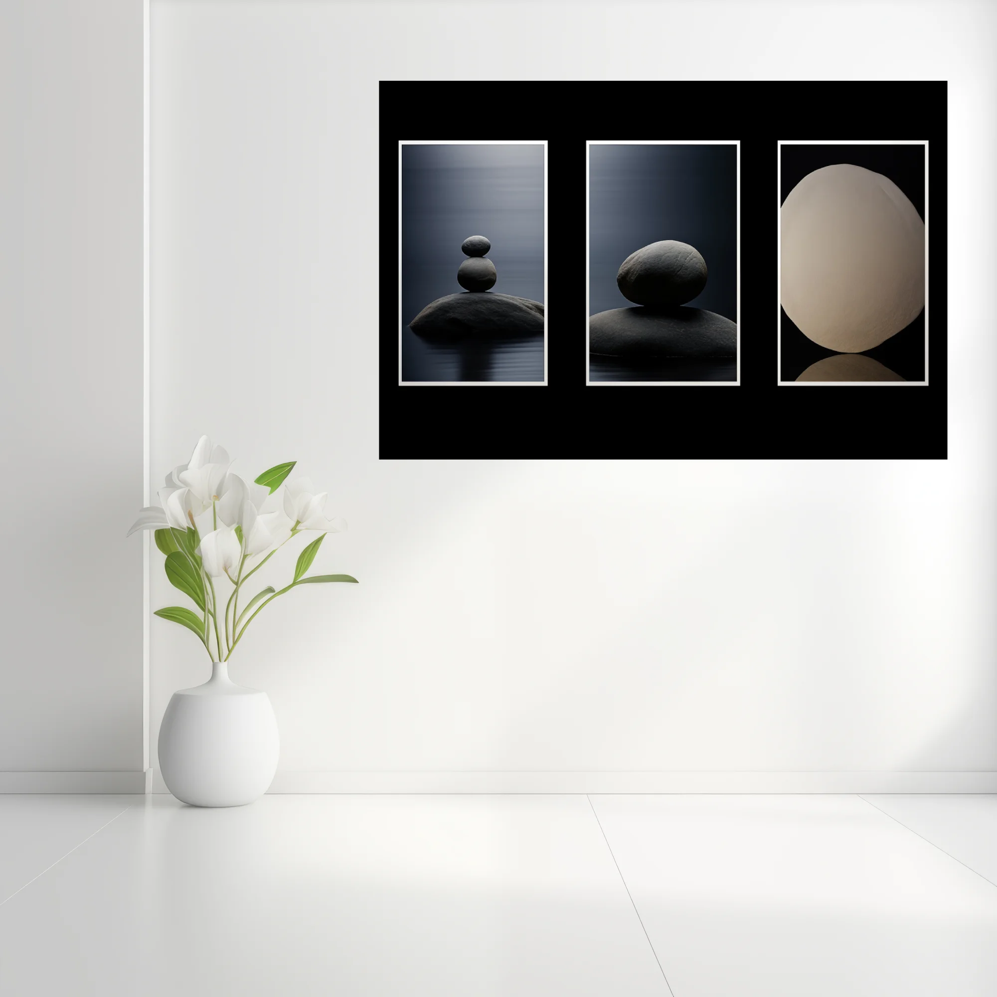 Minimalist zen stone balance triptych, dark tones, meditative calm