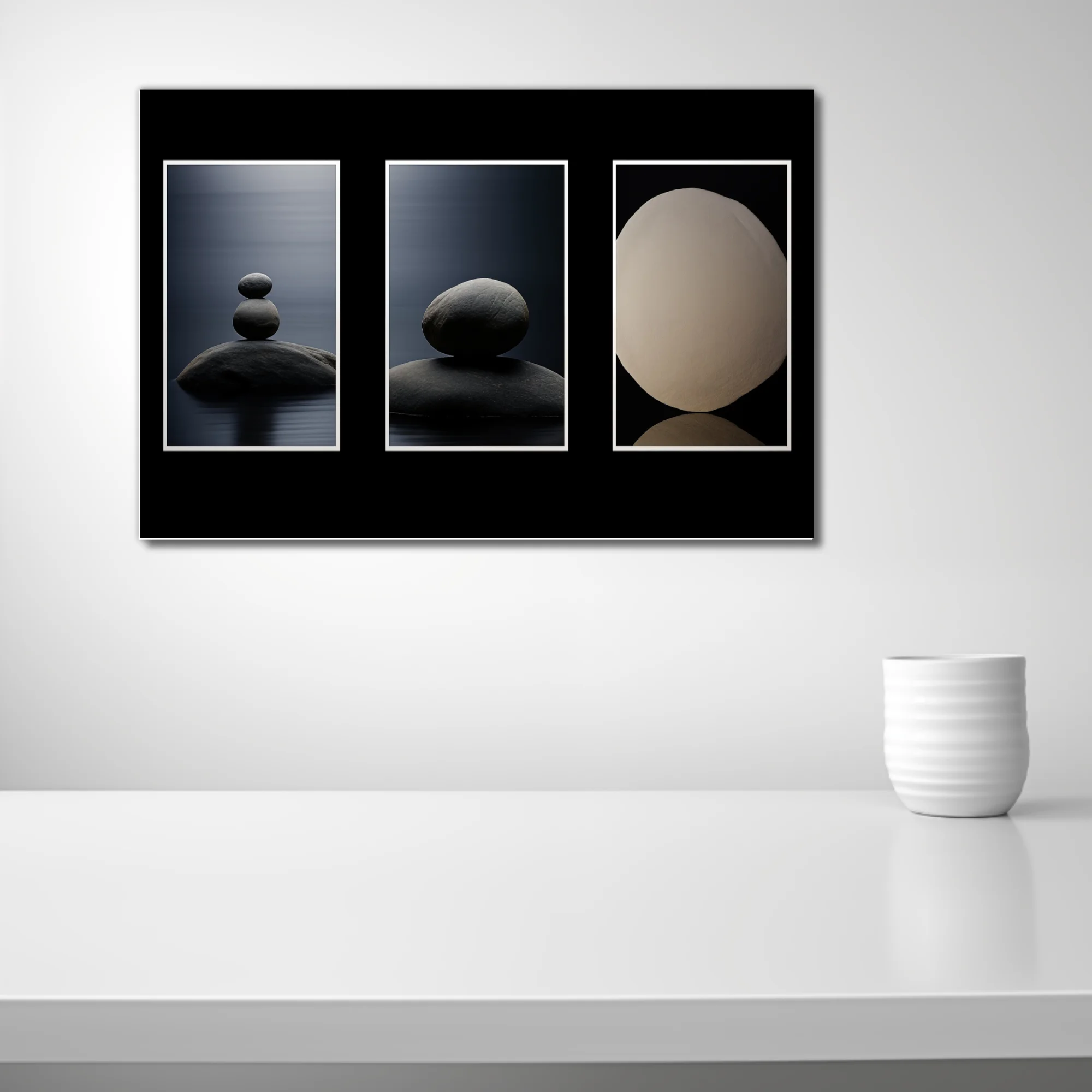 Minimalist zen stone balance triptych, dark tones, meditative calm