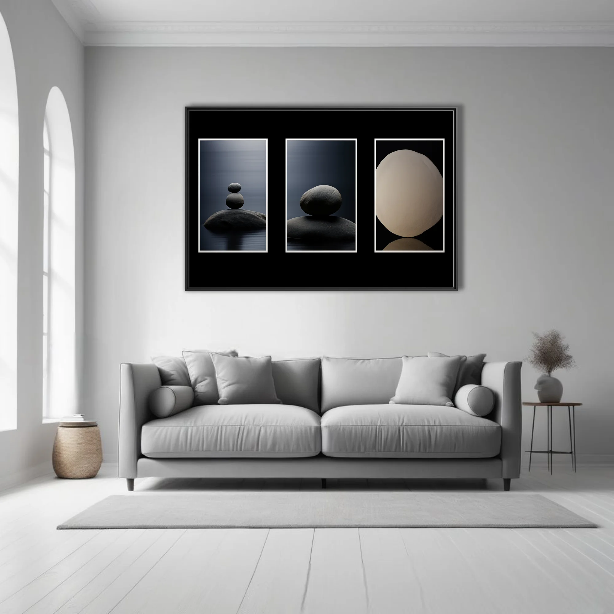 Minimalist zen stone balance triptych, dark tones, meditative calm