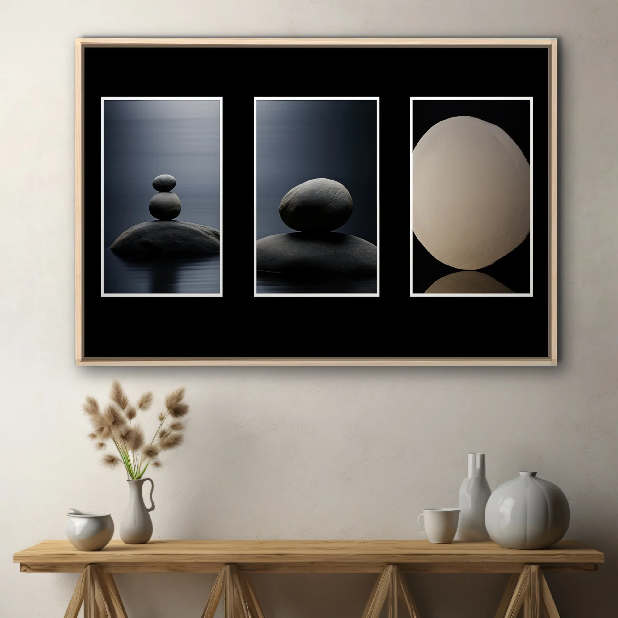 Minimalist zen stone balance triptych, dark tones, meditative calm