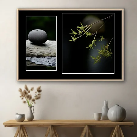 Zen minimalist nature diptych — smooth stones and delicate green botanical stems on dark background