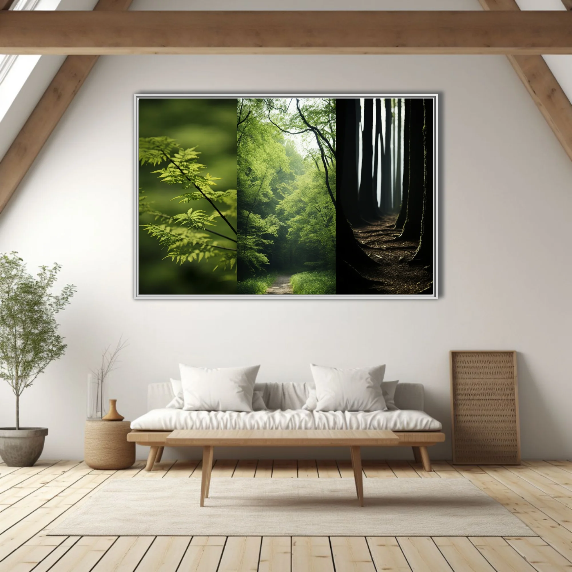 Forest triptych — green foliage, misty woodland path, dark tree trunks