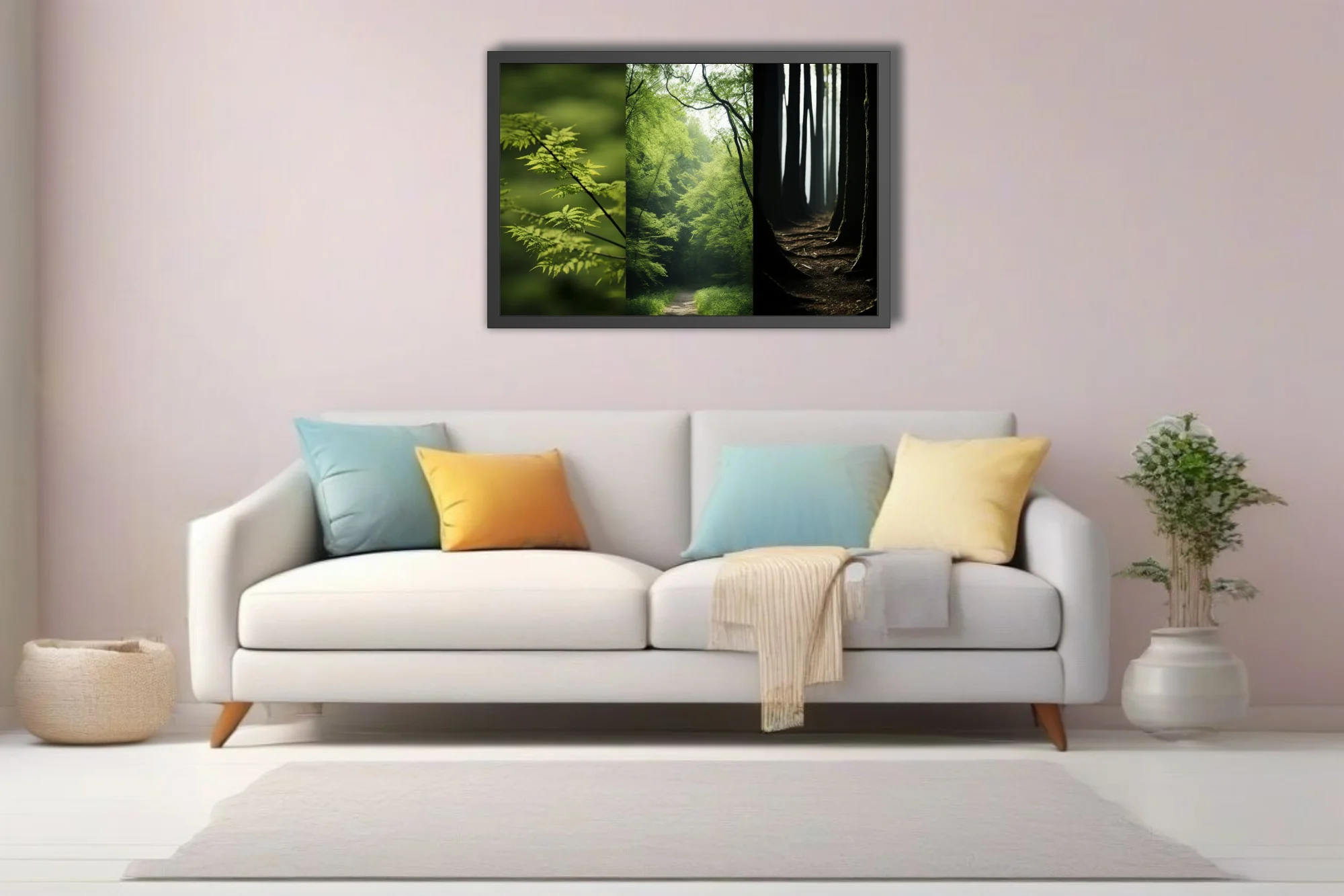 Forest triptych — green foliage, misty woodland path, dark tree trunks