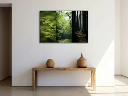 Forest triptych — green foliage, misty woodland path, dark tree trunks