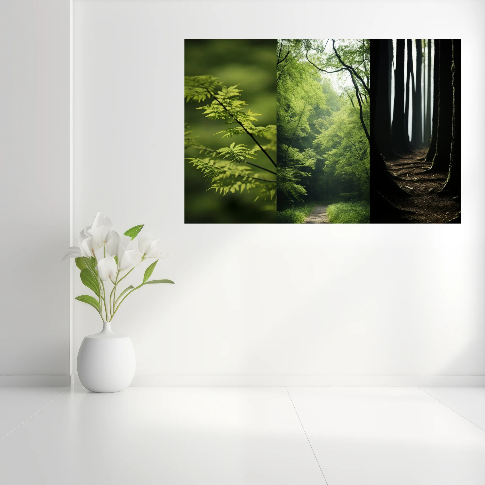 Forest triptych — green foliage, misty woodland path, dark tree trunks