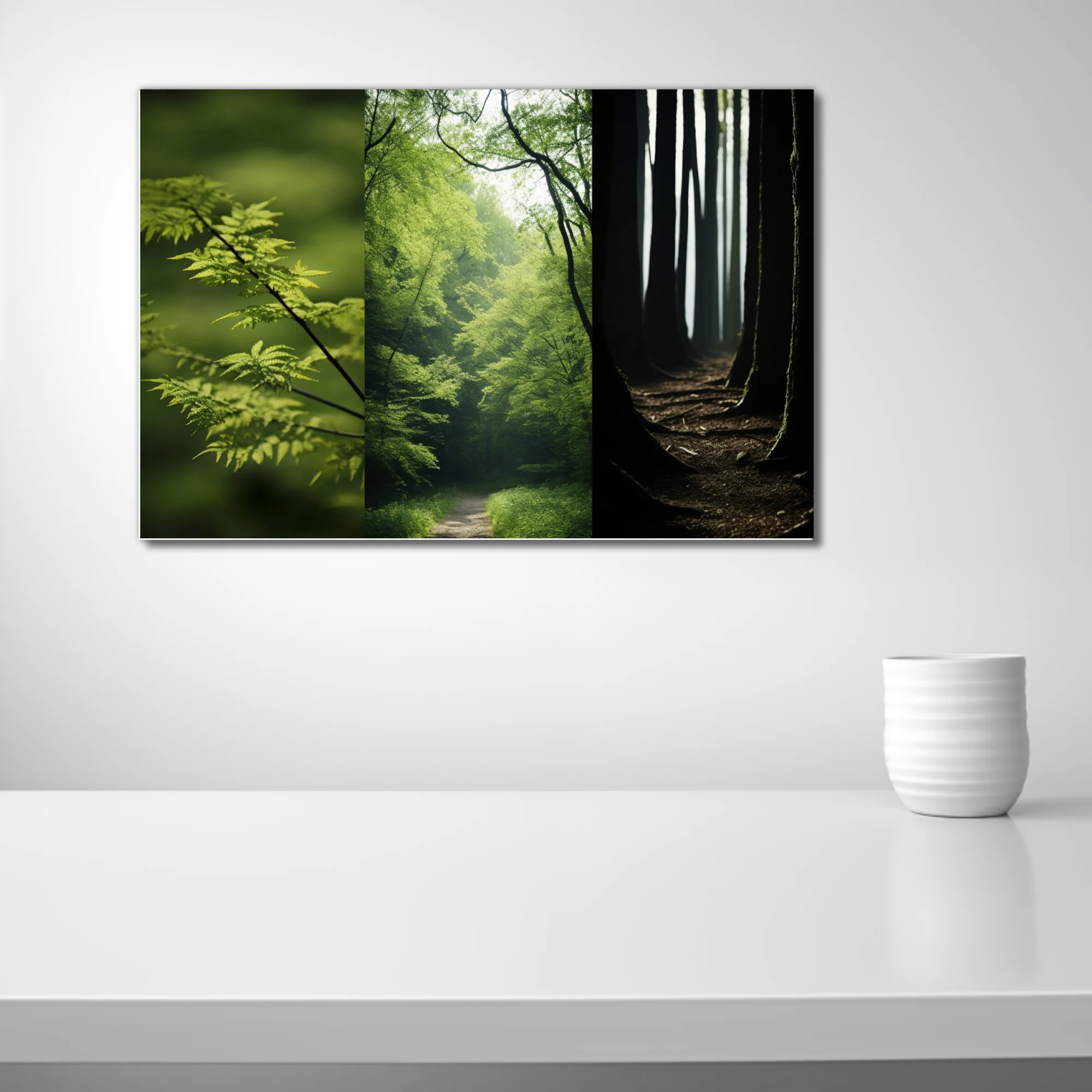 Forest triptych — green foliage, misty woodland path, dark tree trunks