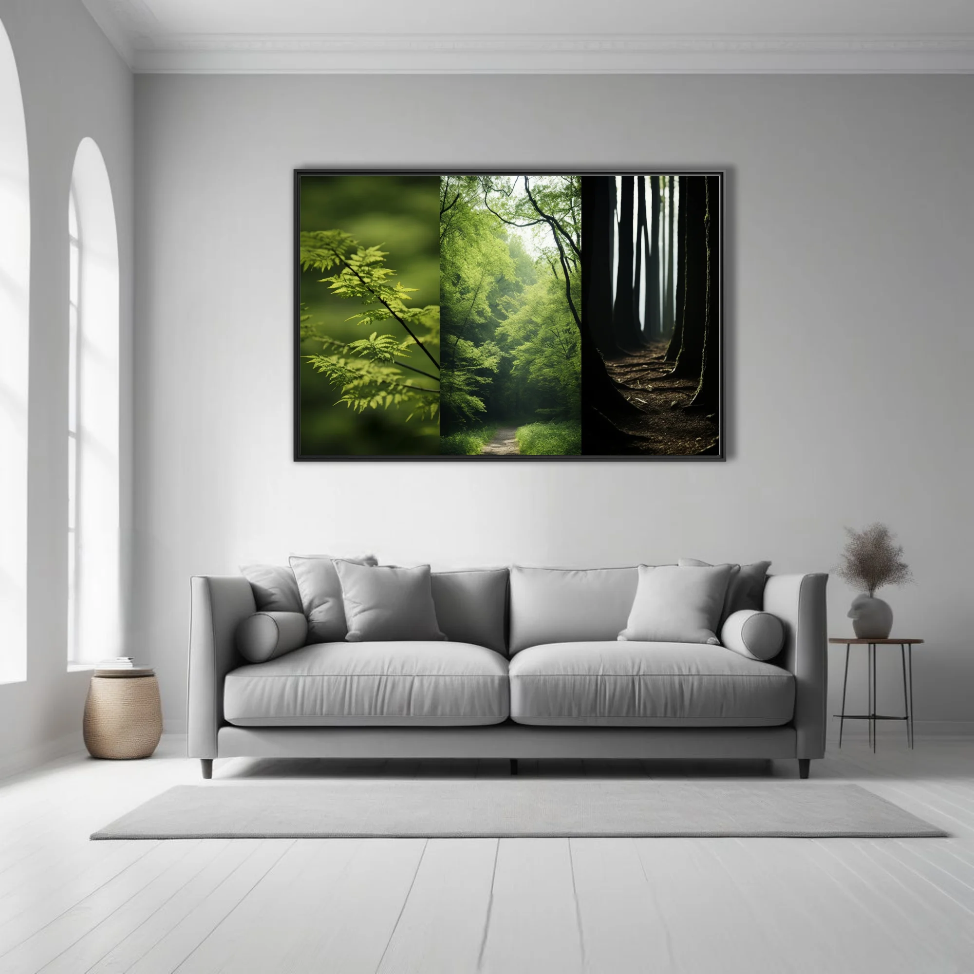 Forest triptych — green foliage, misty woodland path, dark tree trunks