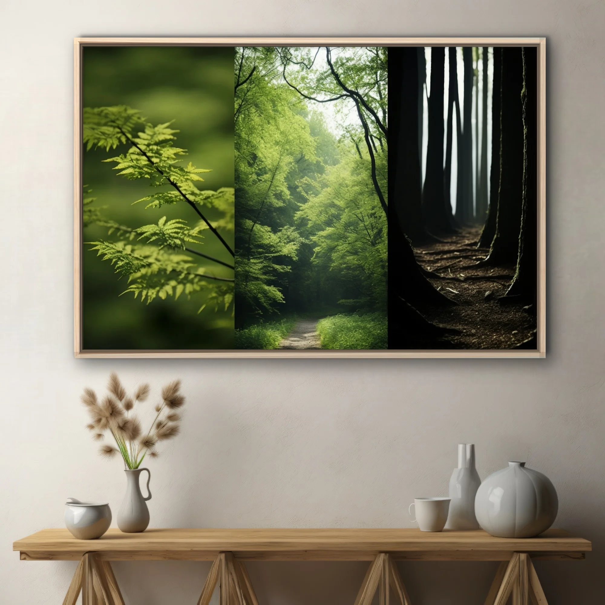 Forest triptych — green foliage, misty woodland path, dark tree trunks