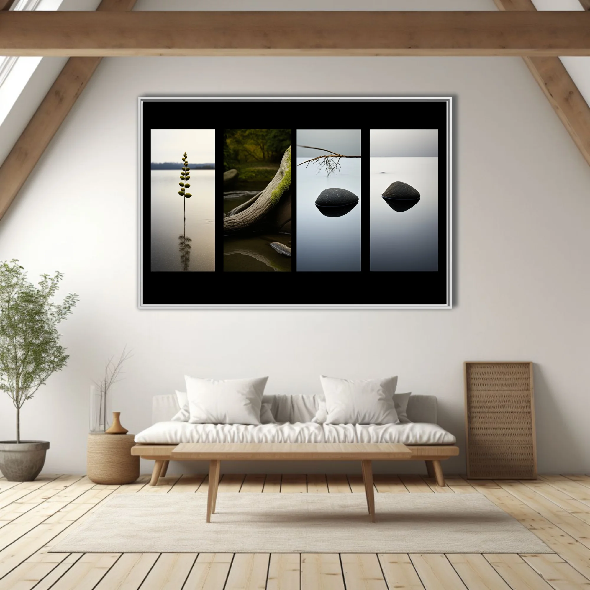 Minimalist nature art — stones, branch, and botanical form on still water, muted tones