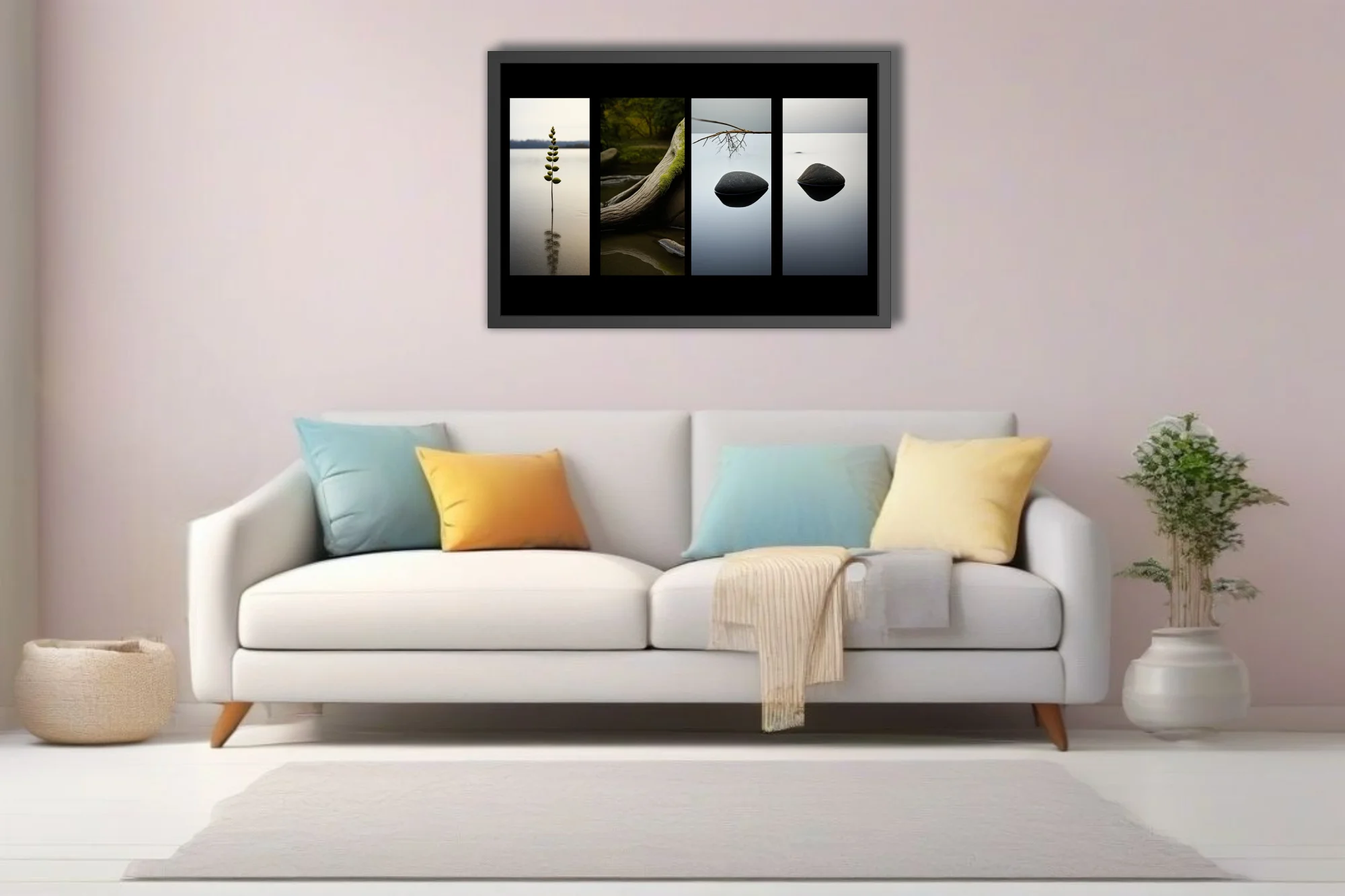 Minimalist nature art — stones, branch, and botanical form on still water, muted tones