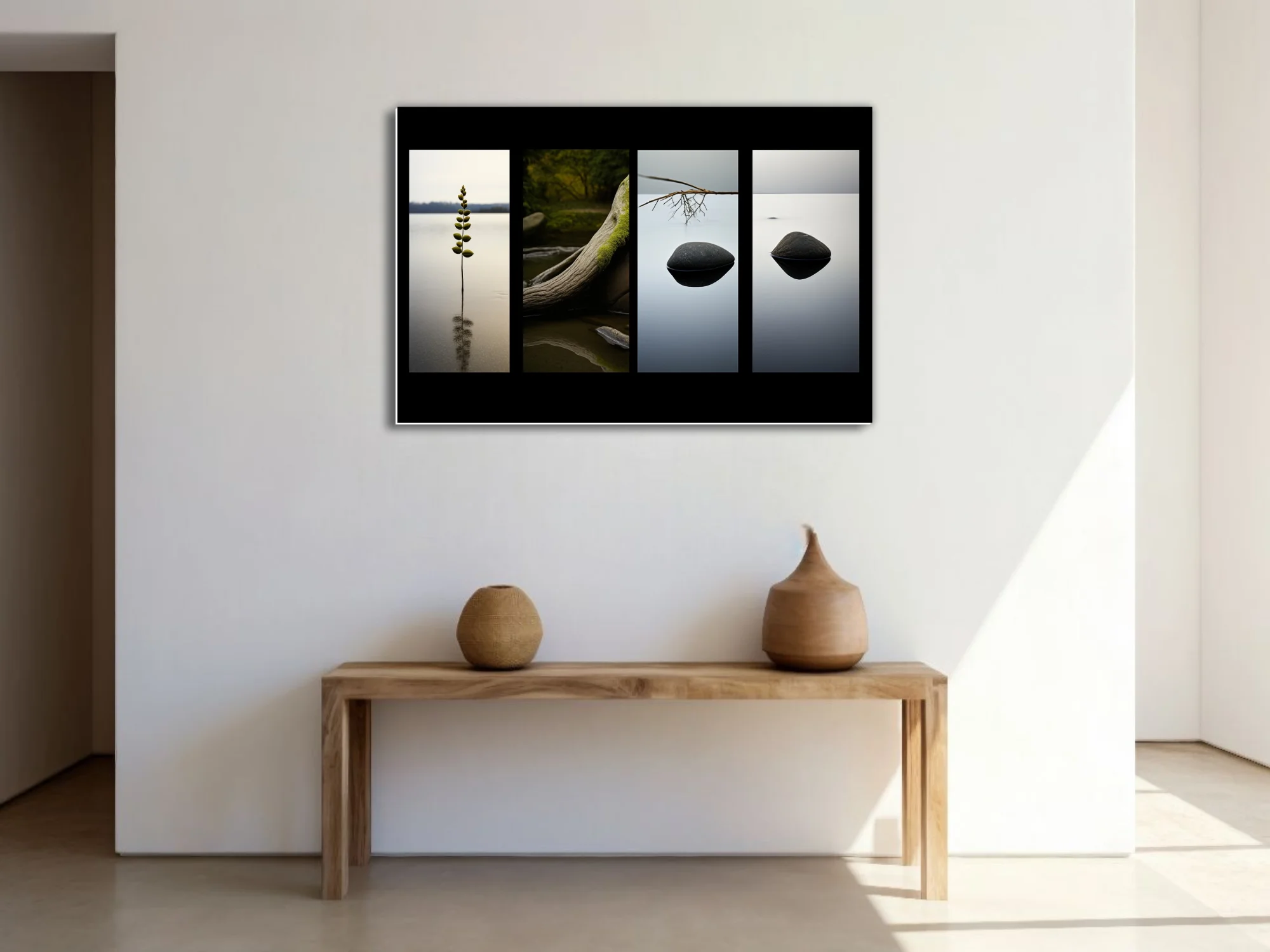 Minimalist nature art — stones, branch, and botanical form on still water, muted tones