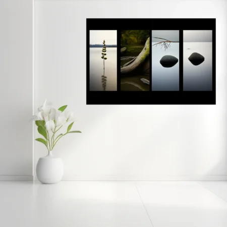 Minimalist nature art — stones, branch, and botanical form on still water, muted tones