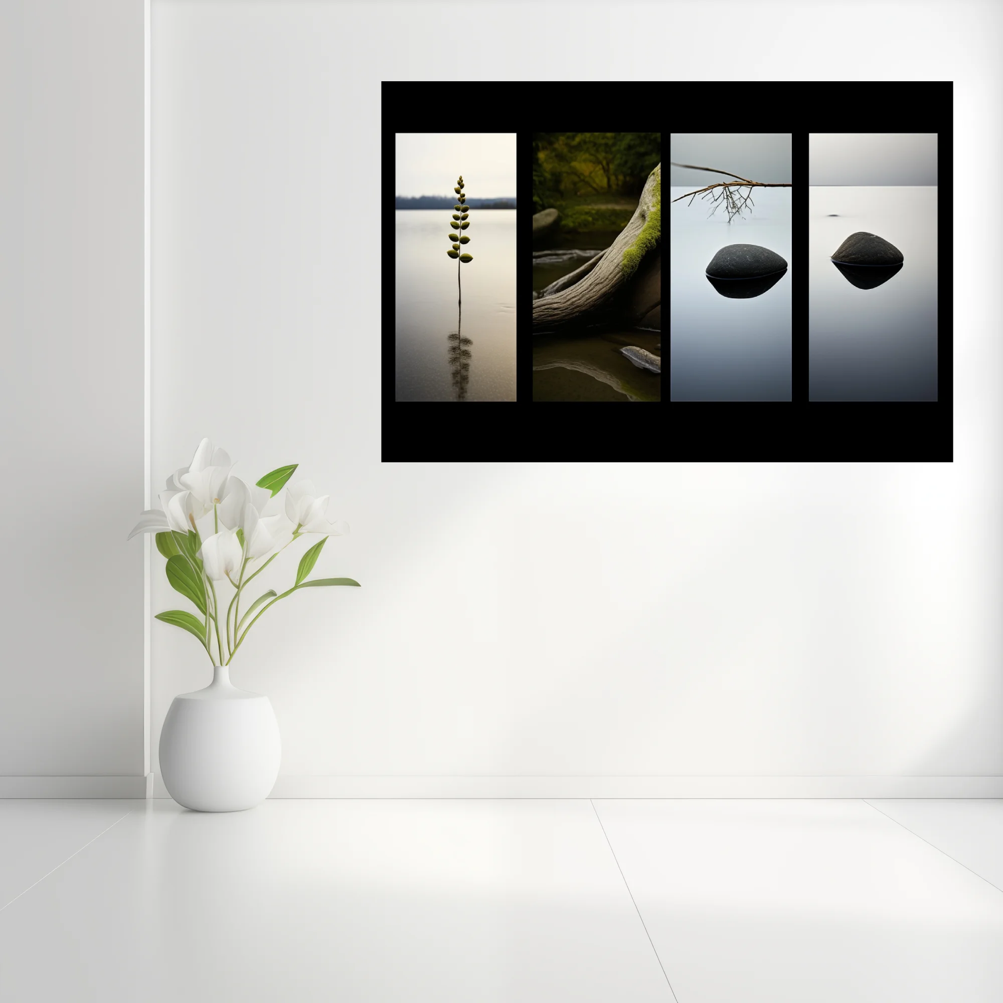 Minimalist nature art — stones, branch, and botanical form on still water, muted tones