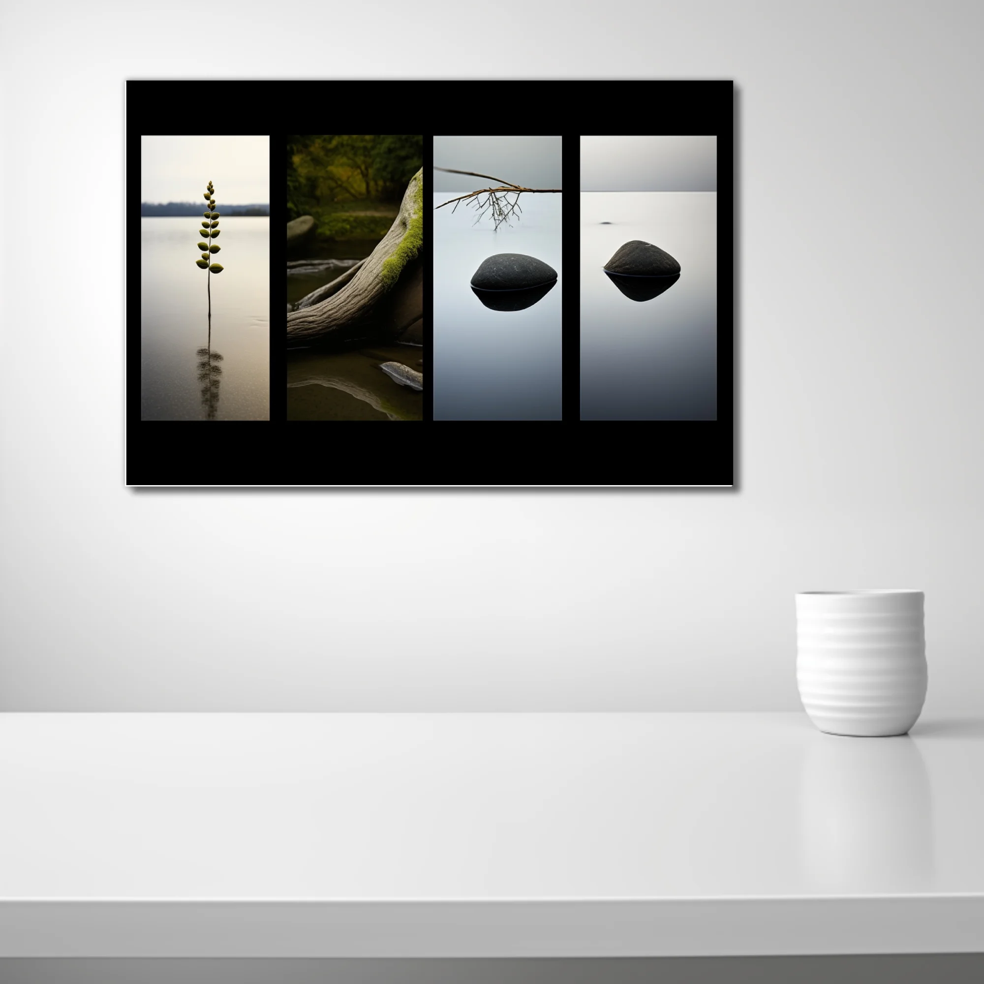 Minimalist nature art — stones, branch, and botanical form on still water, muted tones
