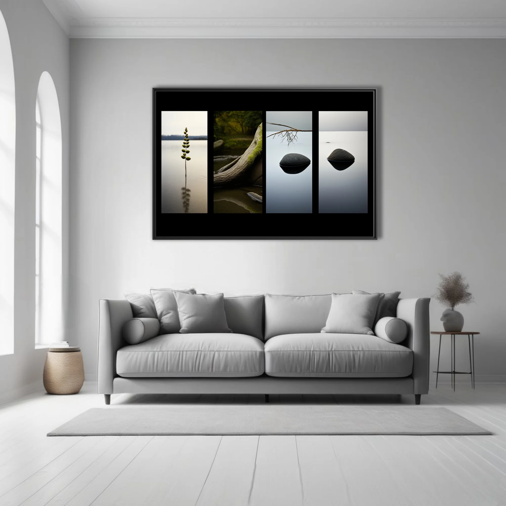 Minimalist nature art — stones, branch, and botanical form on still water, muted tones