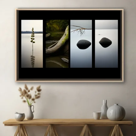 Minimalist nature art — stones, branch, and botanical form on still water, muted tones