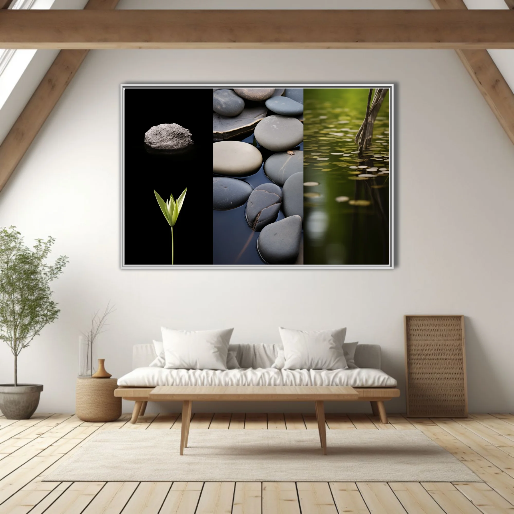 Minimalist nature triptych — stones, botanical sprout, and pond in muted grey-green