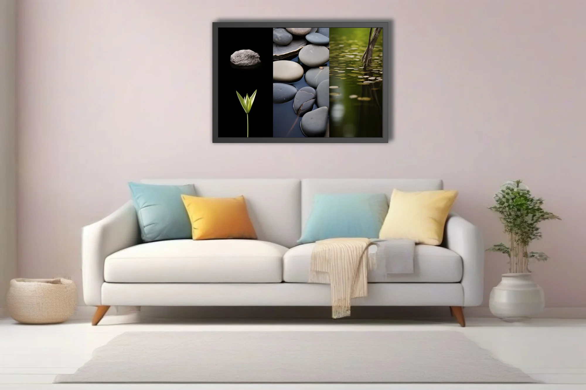 Minimalist nature triptych — stones, botanical sprout, and pond in muted grey-green