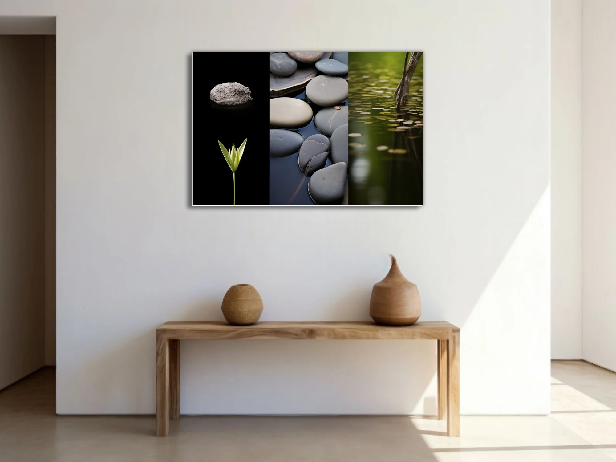 Minimalist nature triptych — stones, botanical sprout, and pond in muted grey-green