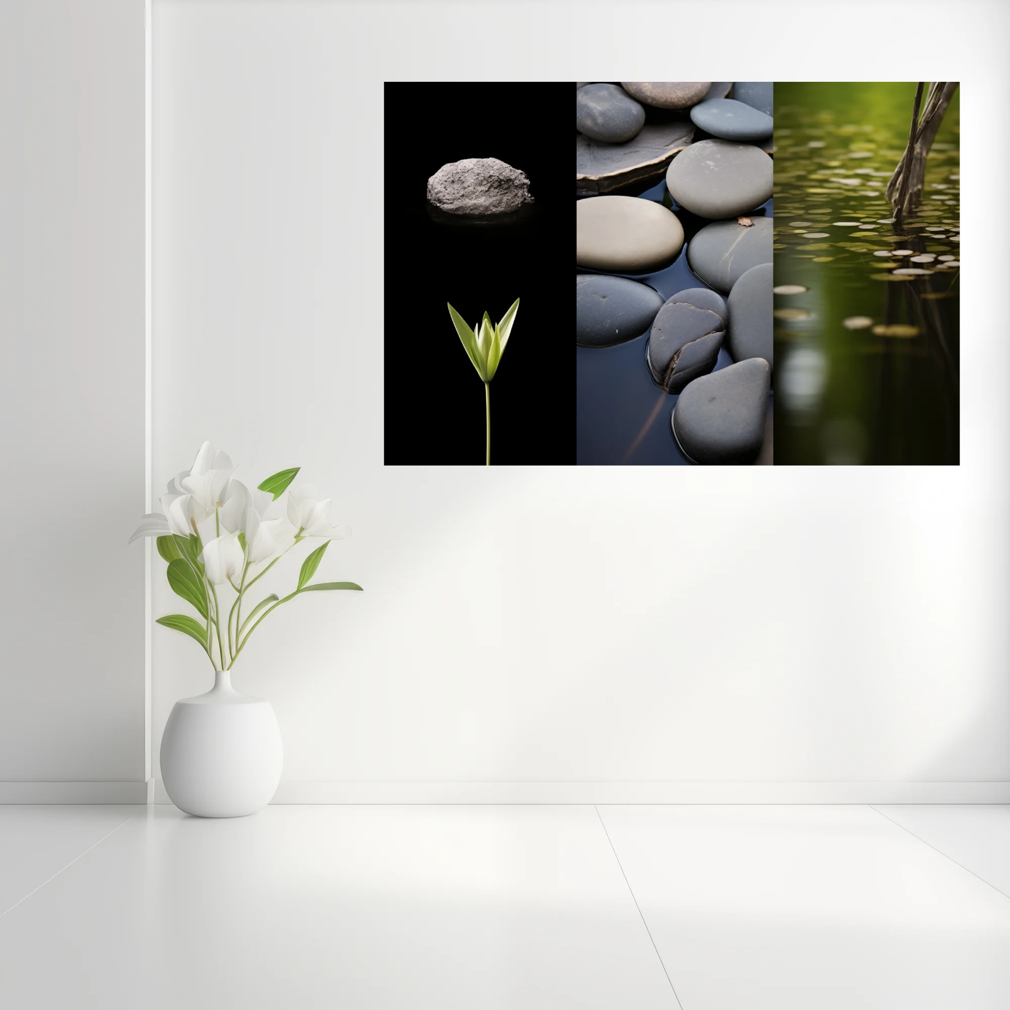 Minimalist nature triptych — stones, botanical sprout, and pond in muted grey-green