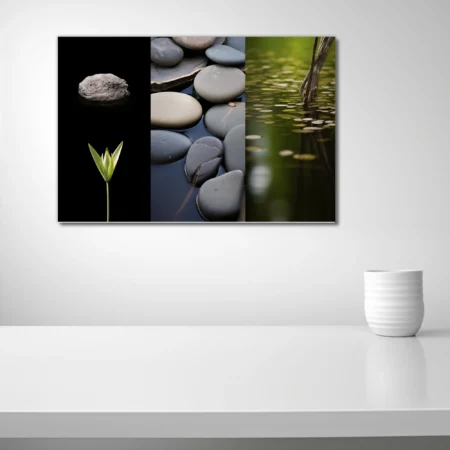 Minimalist nature triptych — stones, botanical sprout, and pond in muted grey-green