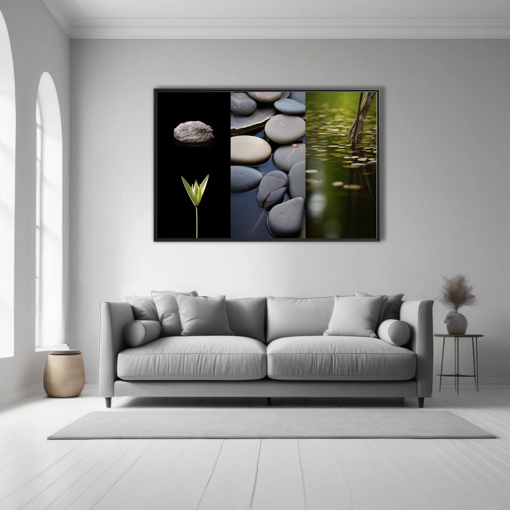 Minimalist nature triptych — stones, botanical sprout, and pond in muted grey-green