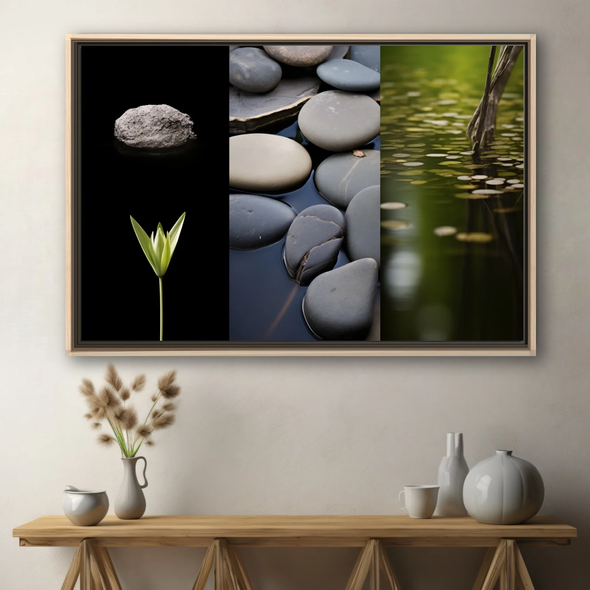 Minimalist nature triptych — stones, botanical sprout, and pond in muted grey-green