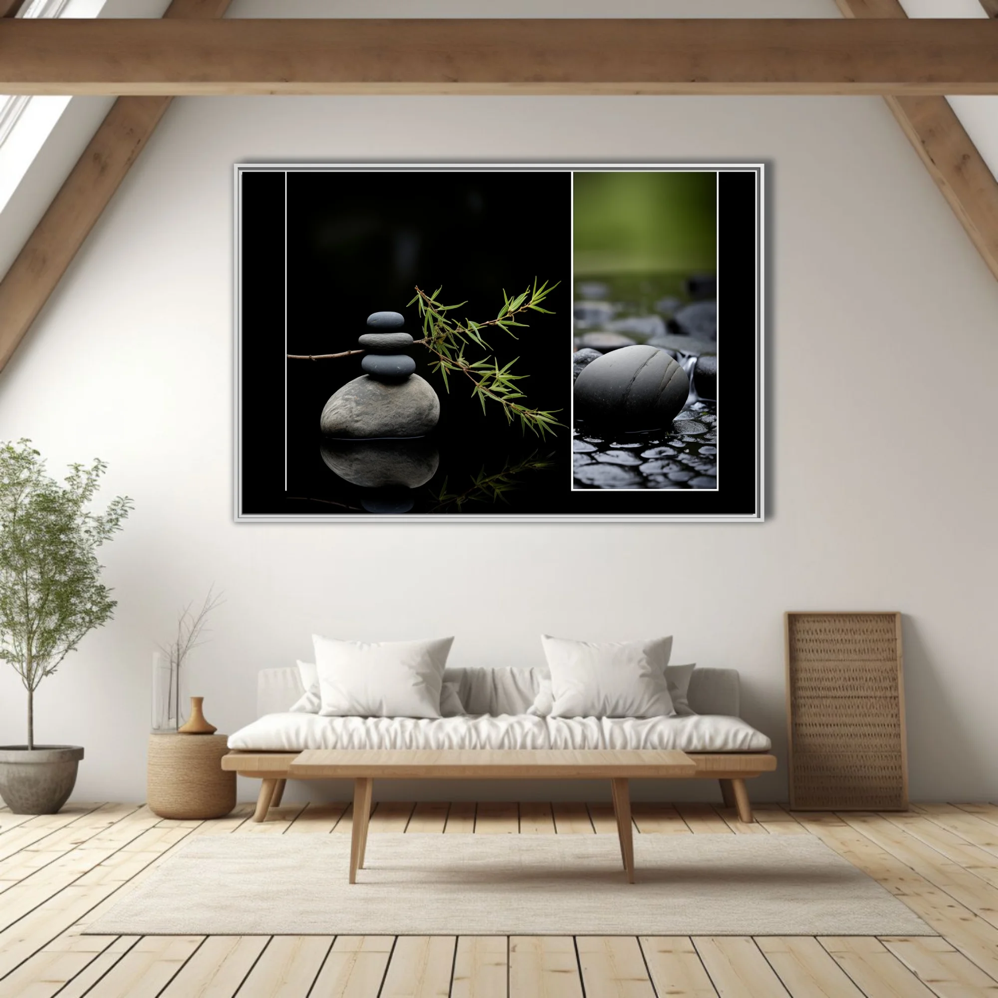 Zen stone stack with botanical stems and wet river stones, dark minimal palette