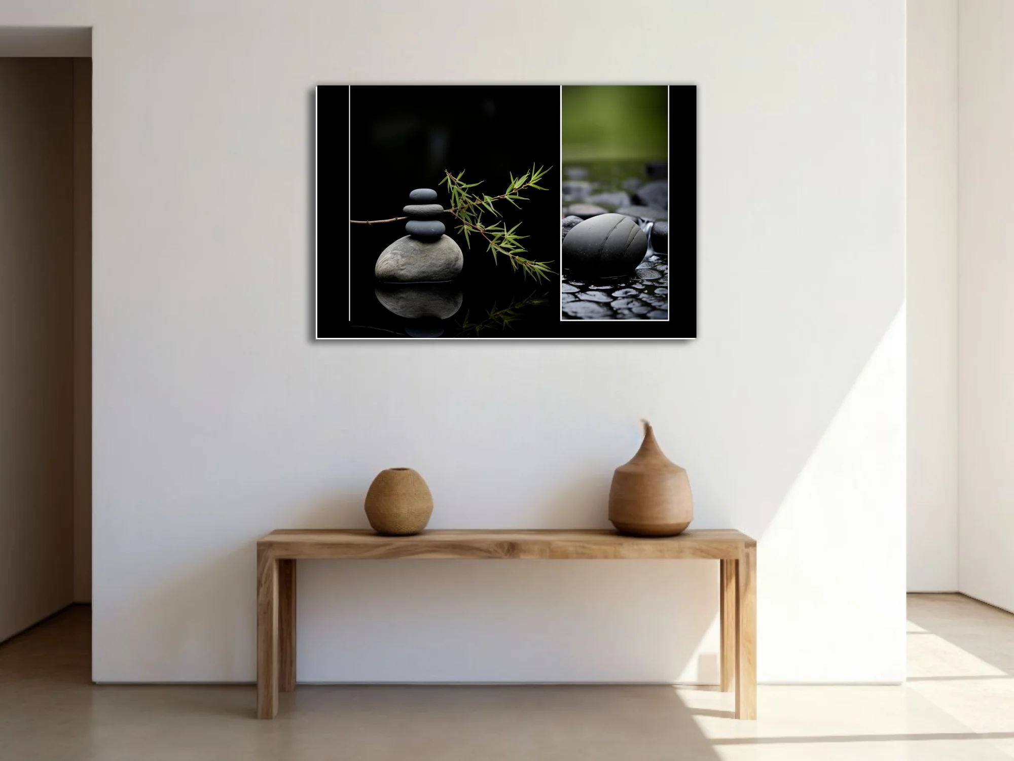 Zen stone stack with botanical stems and wet river stones, dark minimal palette