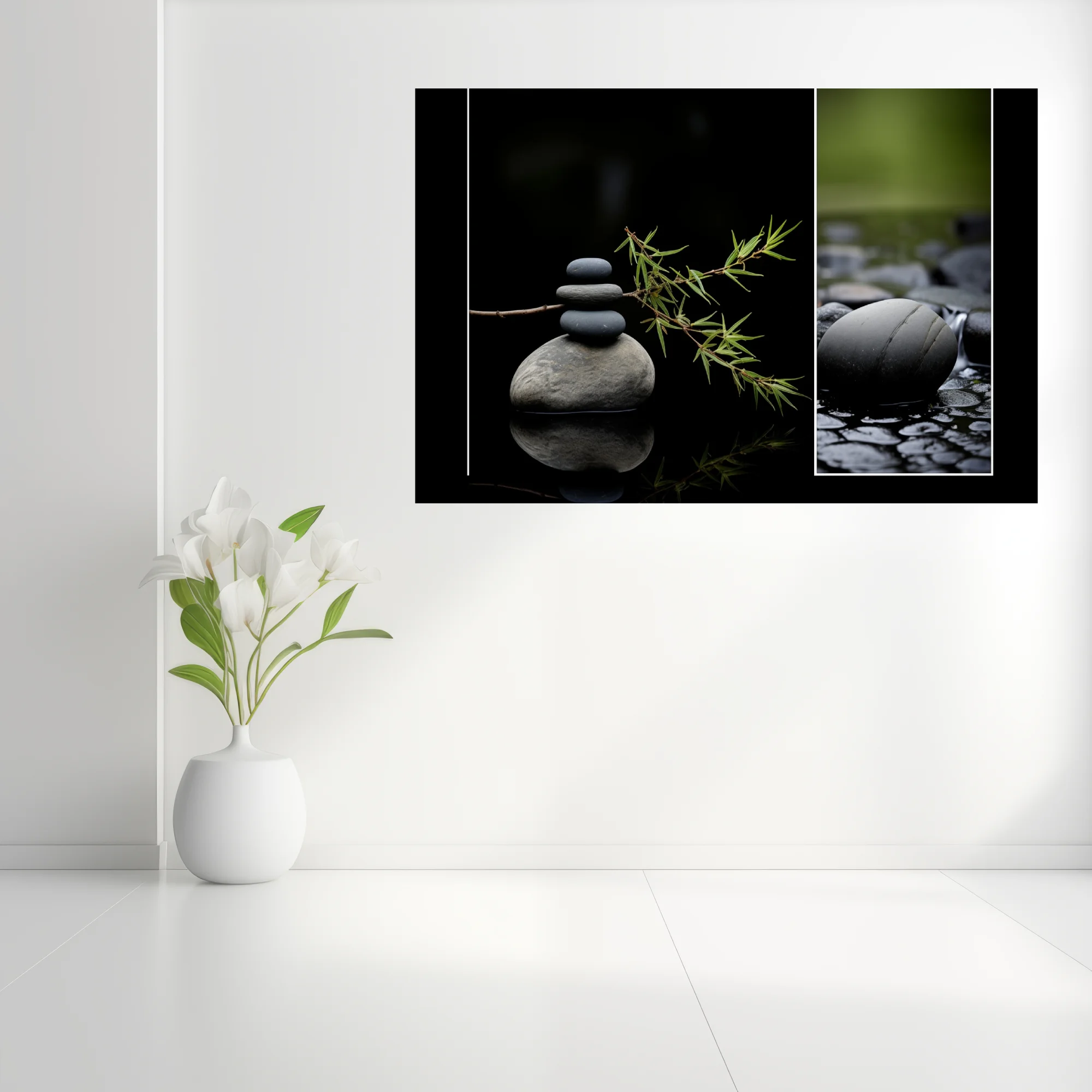 Zen stone stack with botanical stems and wet river stones, dark minimal palette