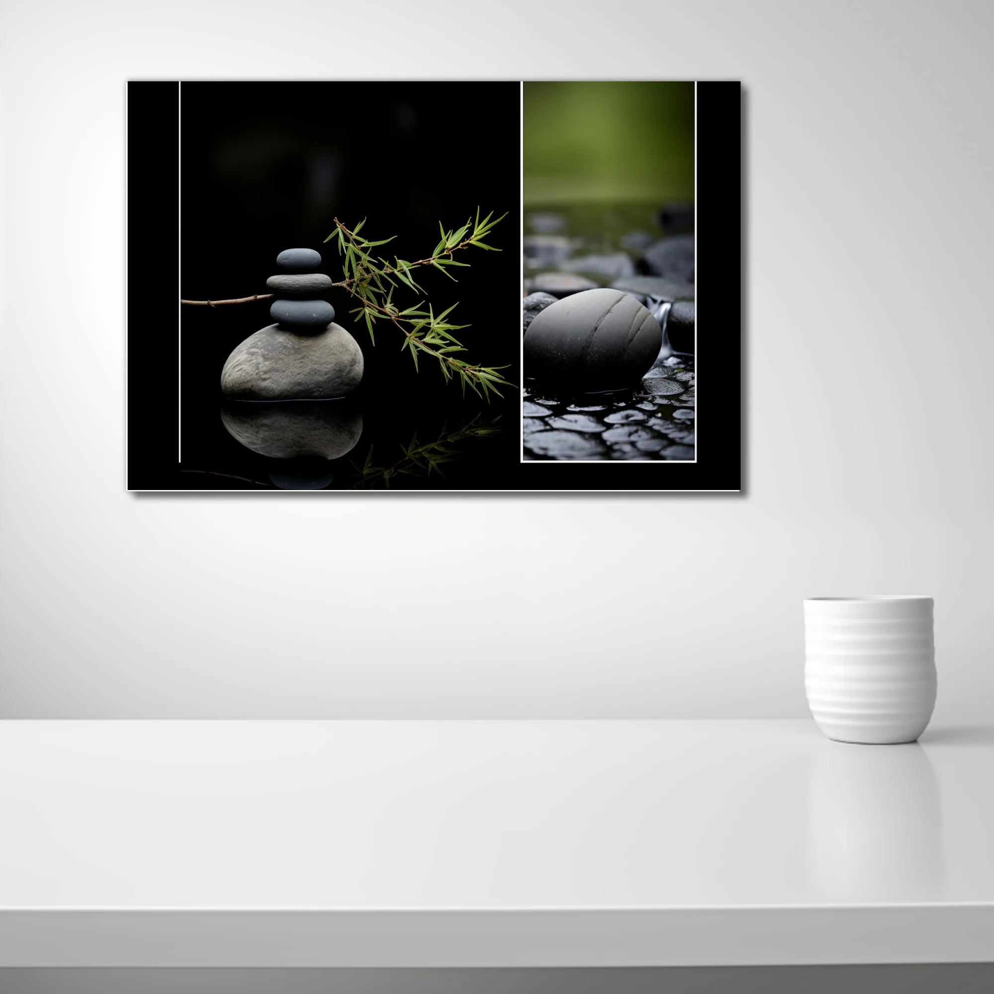 Zen stone stack with botanical stems and wet river stones, dark minimal palette