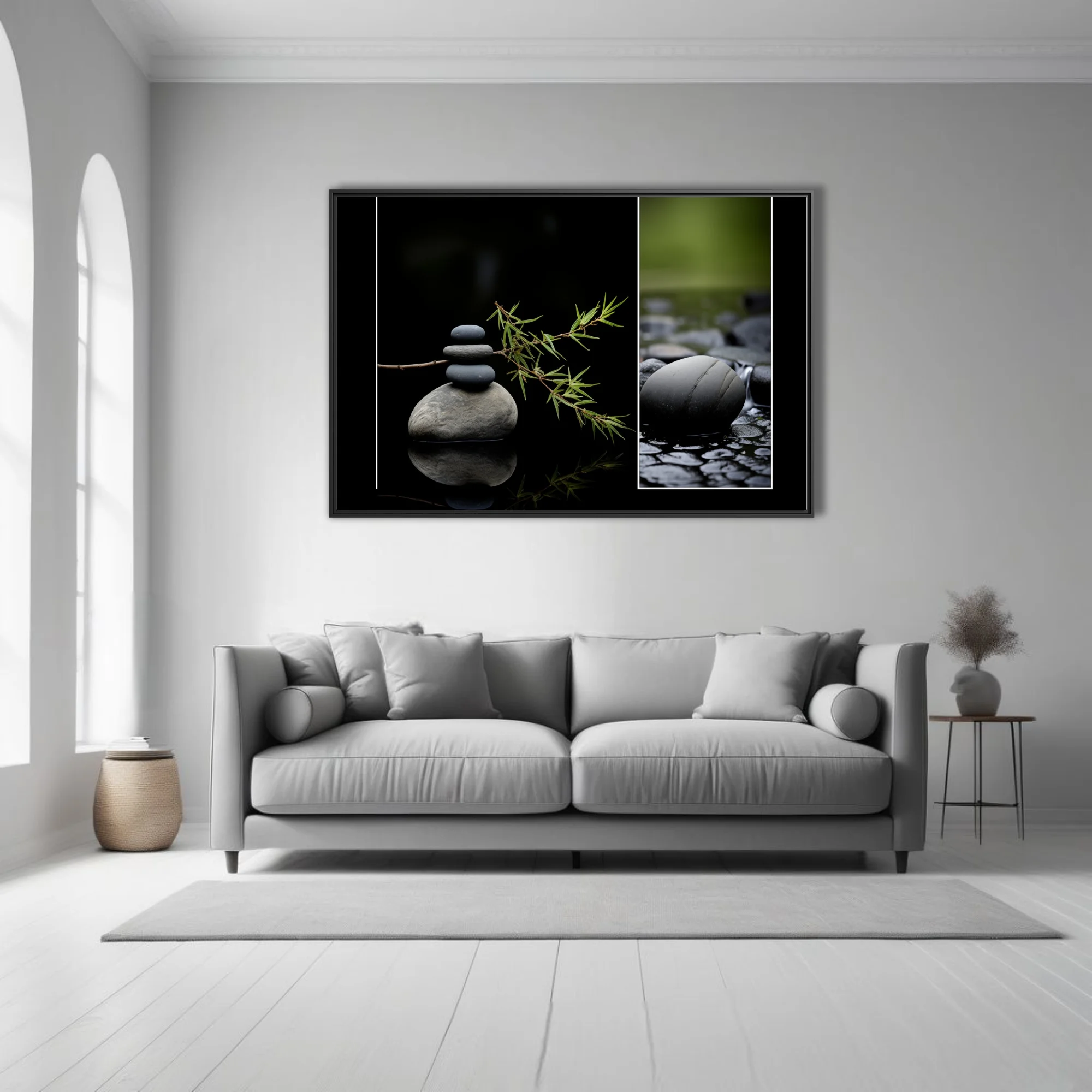 Zen stone stack with botanical stems and wet river stones, dark minimal palette