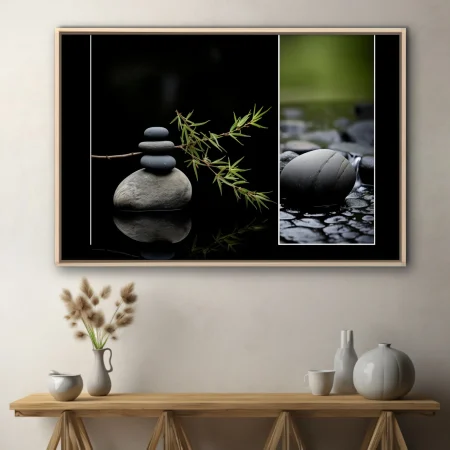 Zen stone stack with botanical stems and wet river stones, dark minimal palette