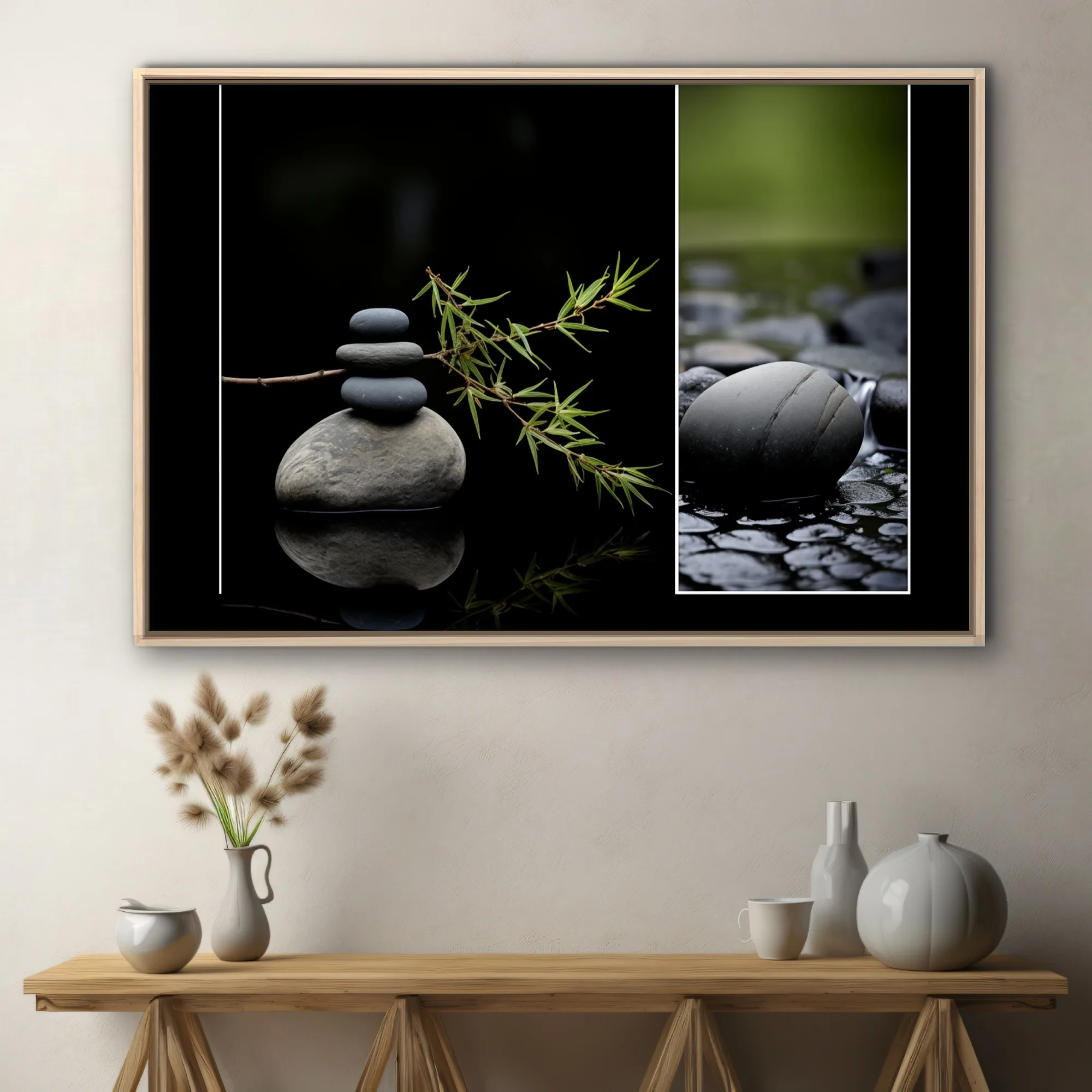 Zen stone stack with botanical stems and wet river stones, dark minimal palette