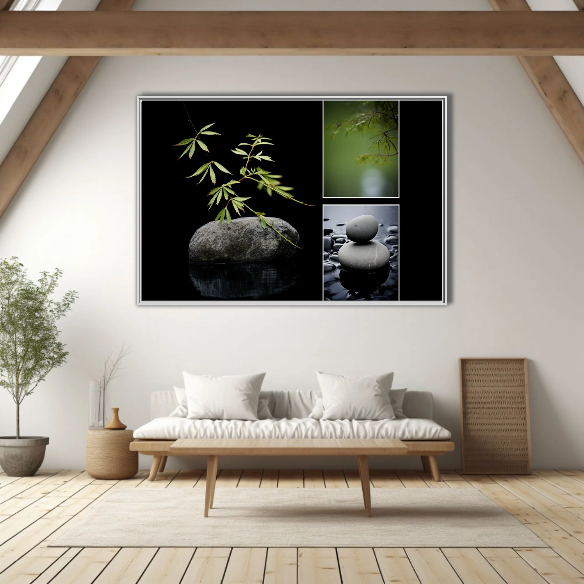 Minimalist zen composition with botanical stems, balanced stones, and still water